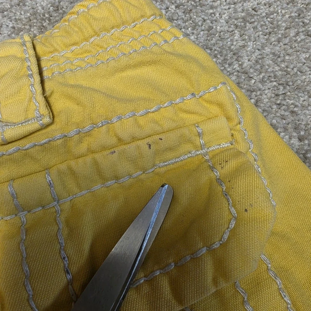 True‎ Religion Cargo Jean Shorts Y2K Yellow Jorts Streetwear Hip Hop Embroidered